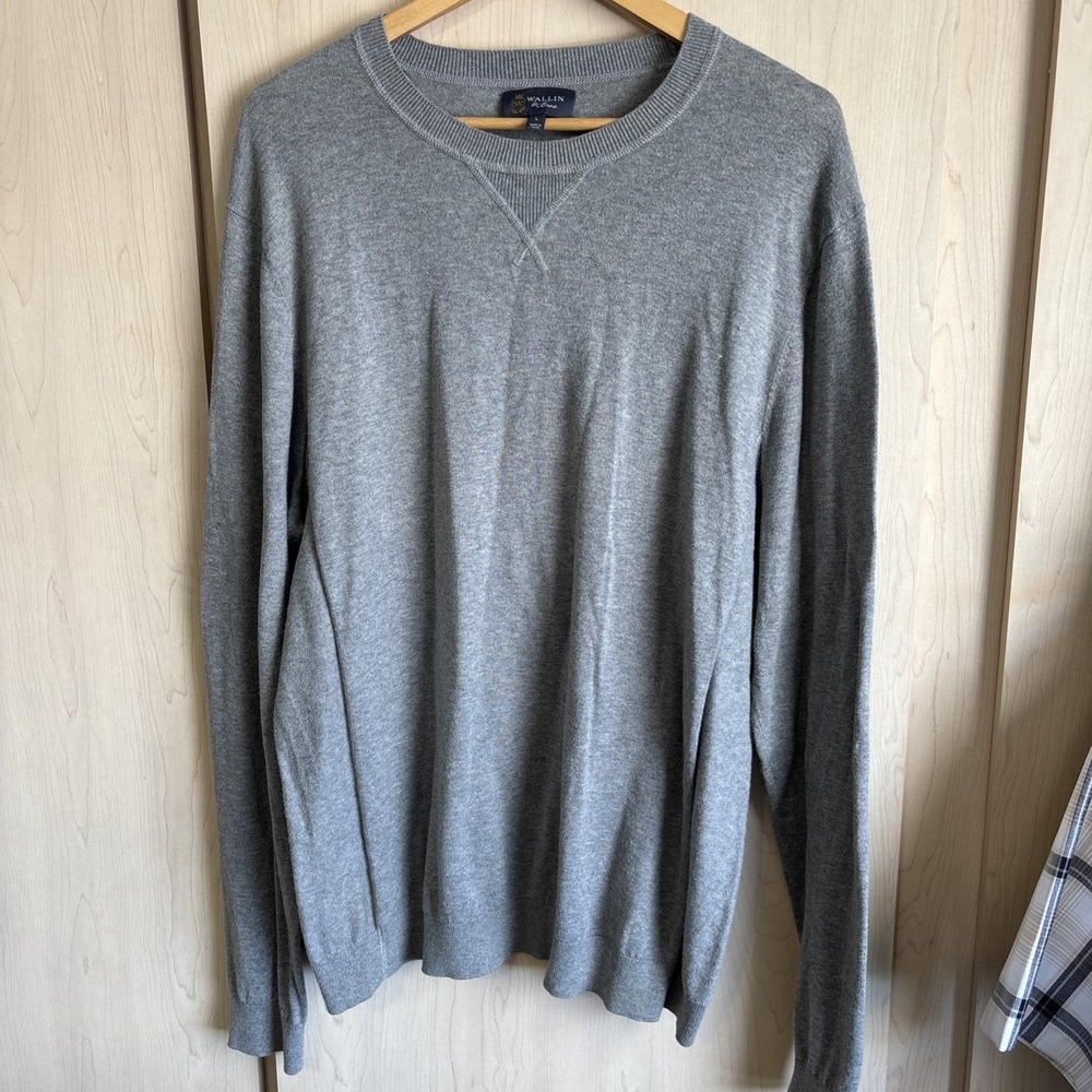 Wallin Bros Sweater Mens Large LG Gray Cashmere Blend Crew Neck Luxury Stretch‎